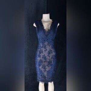 Navy Lace Embellished V-Neck Midi Dress